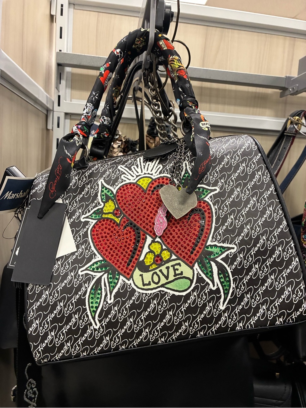 ED HARDEY-LOVE Heart-Embellished Satchel Bag - Black/Red
